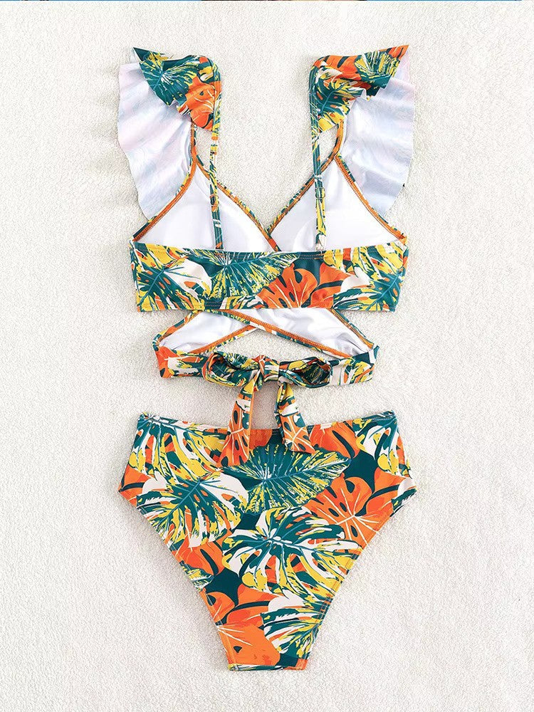 Set bikini a vita alta tropicale con stampa vivace