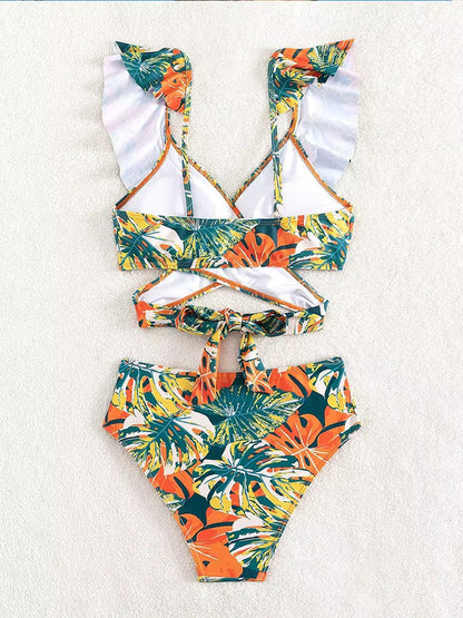 Set bikini a vita alta tropicale con stampa vivace