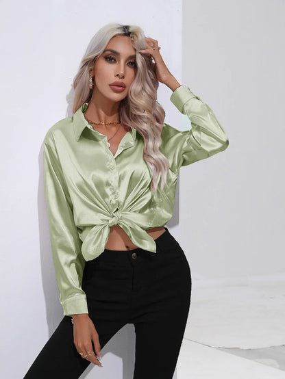 Ladies Luxe Satin Blouse with Collar and Curved Hem