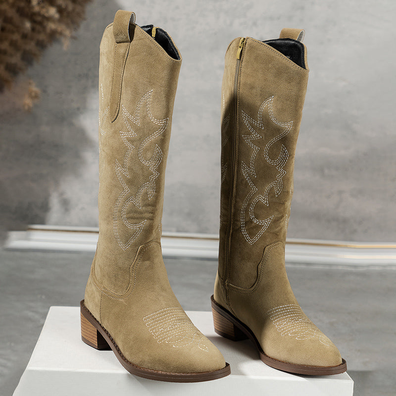 Embroidered Western Cowboy Boots with Low Heel for Women