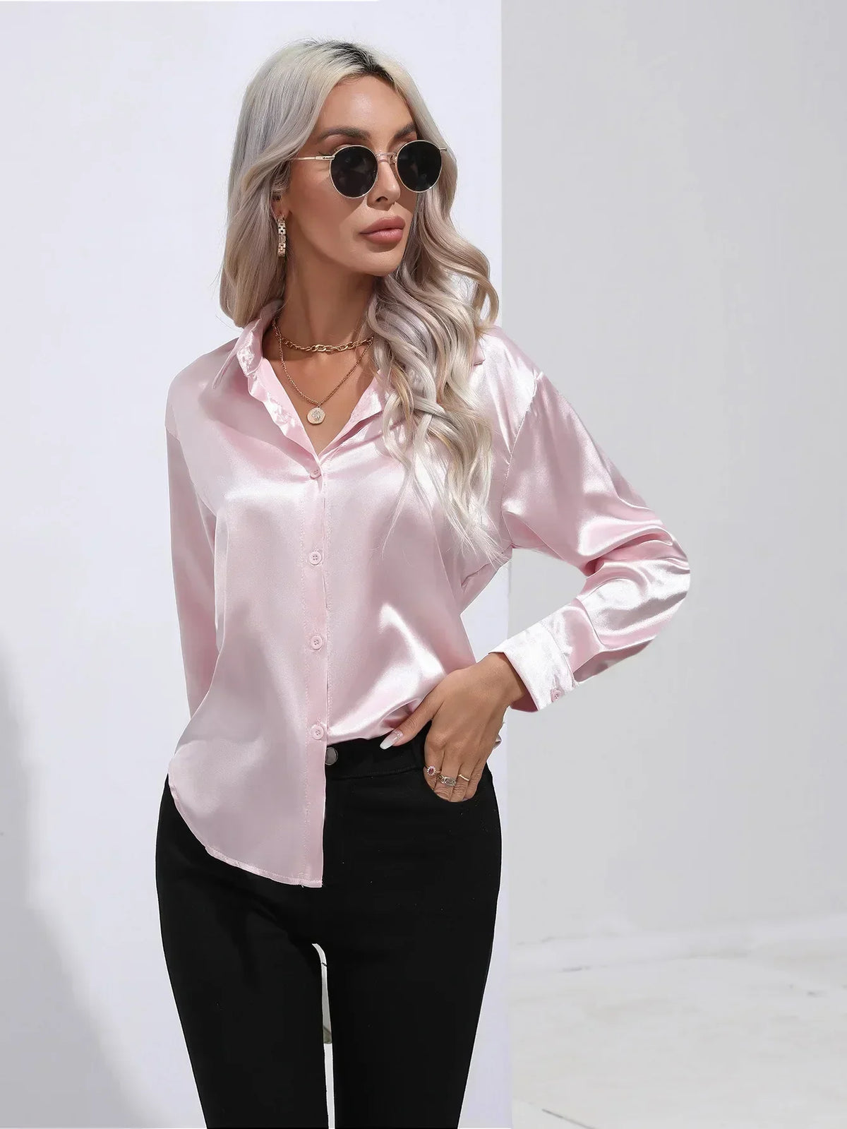 Ladies Luxe Satin Blouse with Collar and Curved Hem