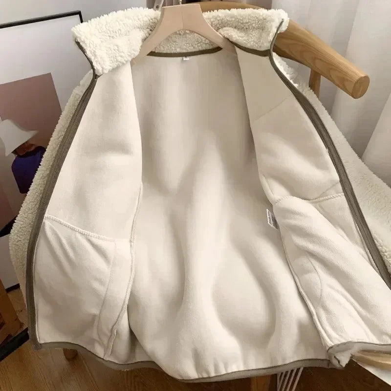 Ladies' Warm Teddy Jacket with High Collar and Zip Pockets