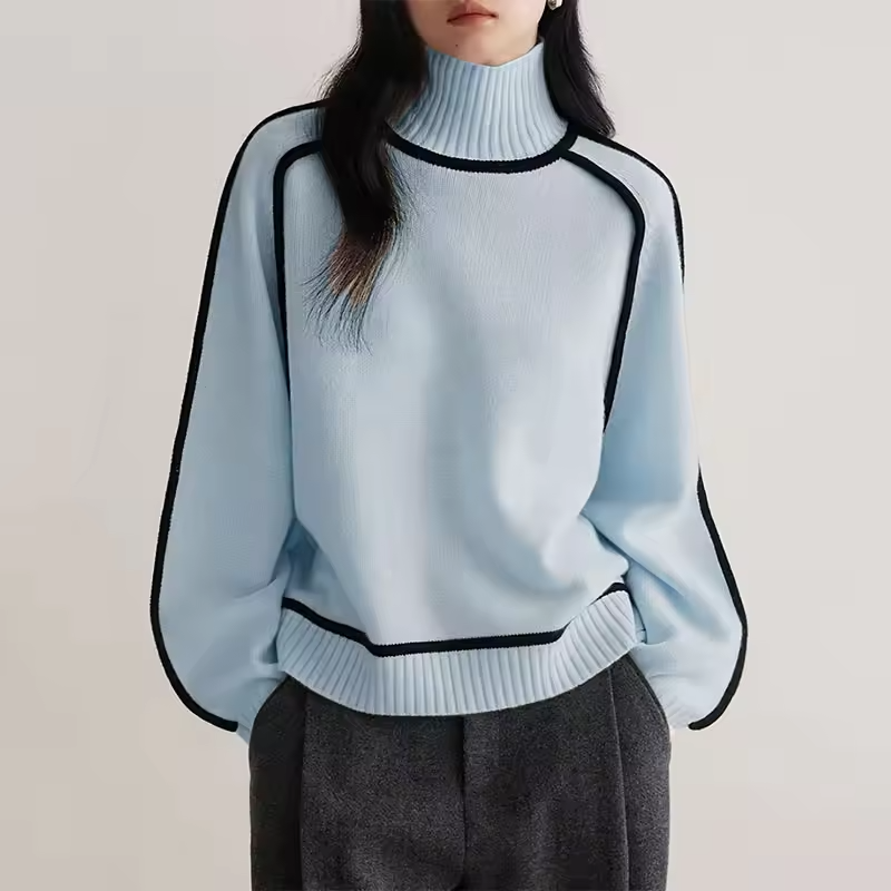 Warm Knitted Turtleneck Sweater for Women with Stripe Detail