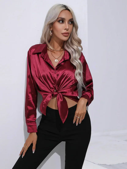 Ladies Luxe Satin Blouse with Collar and Curved Hem