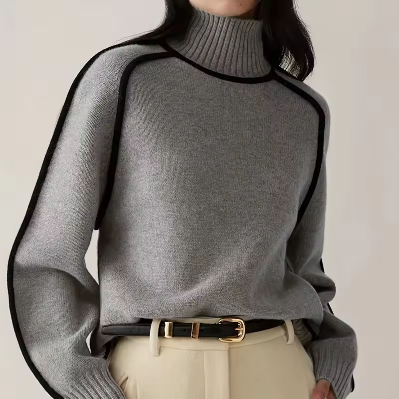Warm Knitted Turtleneck Sweater for Women with Stripe Detail