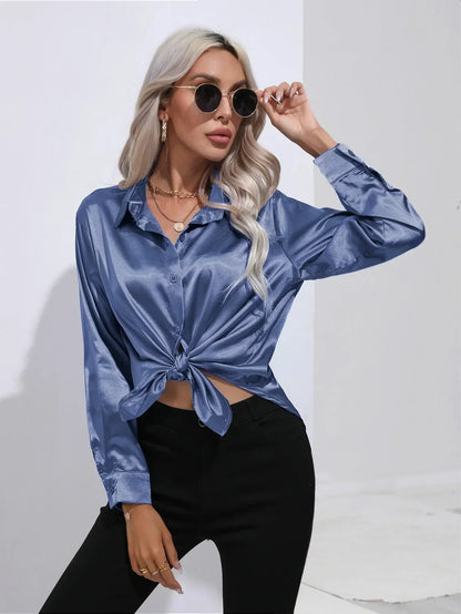Ladies Luxe Satin Blouse with Collar and Curved Hem