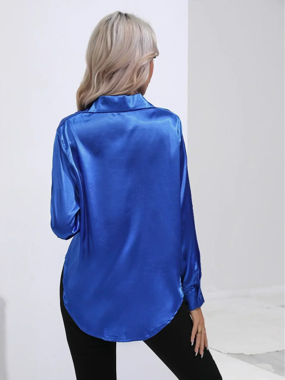 Ladies Luxe Satin Blouse with Collar and Curved Hem