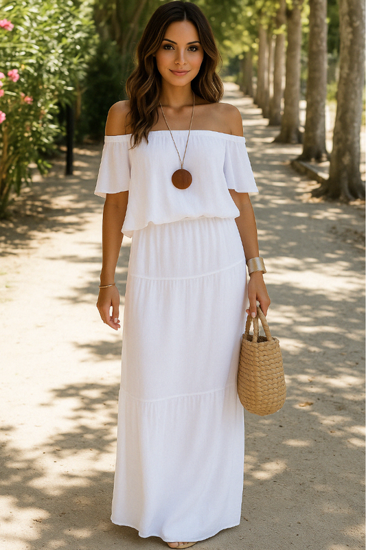 Vestido de verão elegante com ombros descobertos