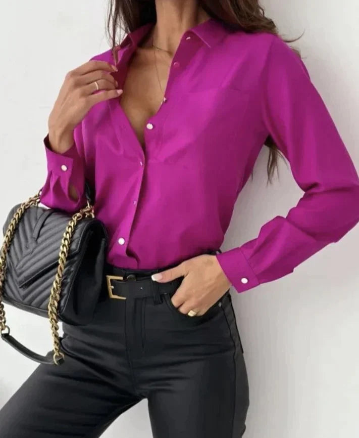Elegant Long-Sleeved Blouse for Women with Collar and Button Closure
