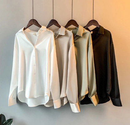 Ladies Glamorous Satin Blouse with Collar and Long Sleeves