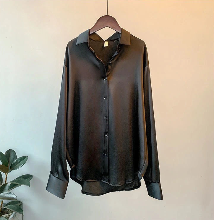 Ladies Glamorous Satin Blouse with Collar and Long Sleeves