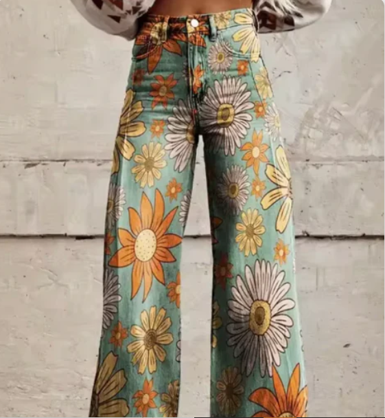 Printed Palazzo Trousers for Women with High Waist and Wide Legs