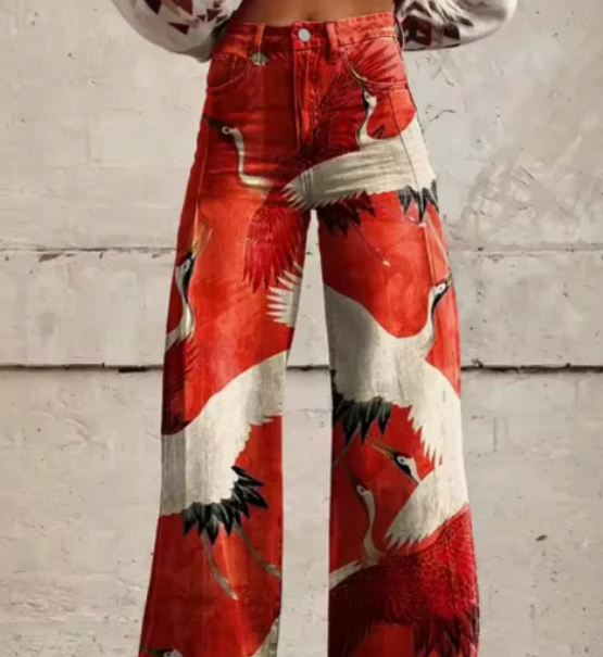 Printed Palazzo Trousers for Women with High Waist and Wide Legs