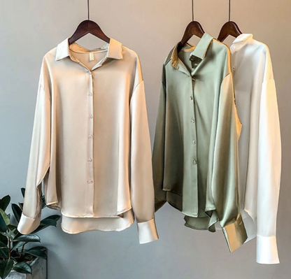 Ladies Glamorous Satin Blouse with Collar and Long Sleeves