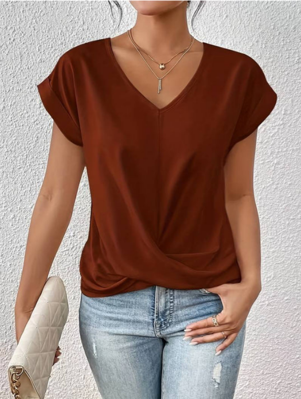 Casual top voor dames met V-hals en gedraaide zoom