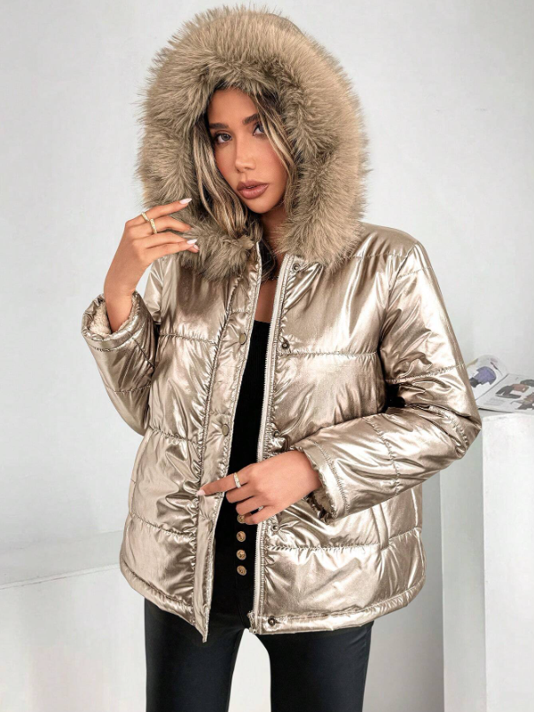 Metallic Women's Puffer Jacket with Faux Fur Hood