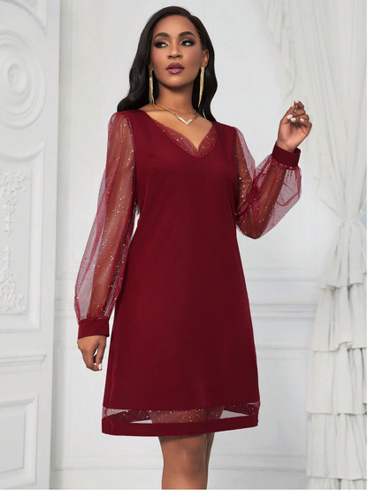 Party Dress with V-Neck and Glitter Sleeves for Women