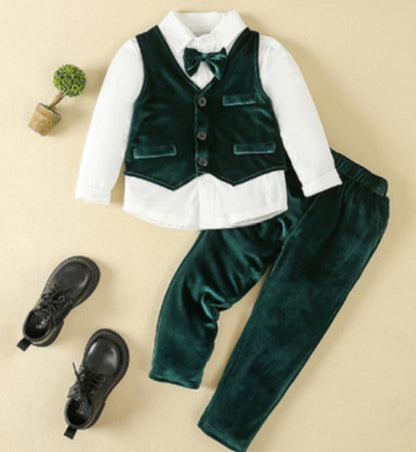 Elegante completo da 3 pezzi per bambino – Camicia blu, gilet e pantaloni con papillon