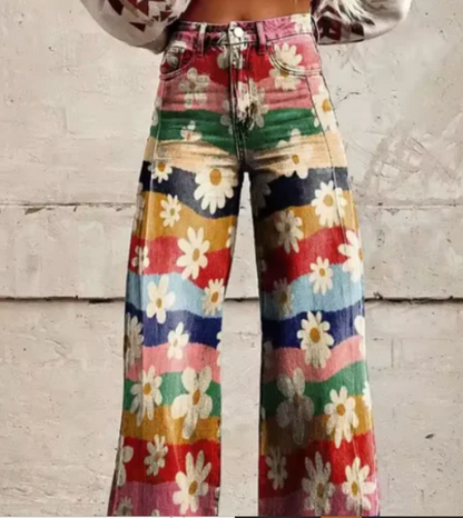 Printed Palazzo Trousers for Women with High Waist and Wide Legs