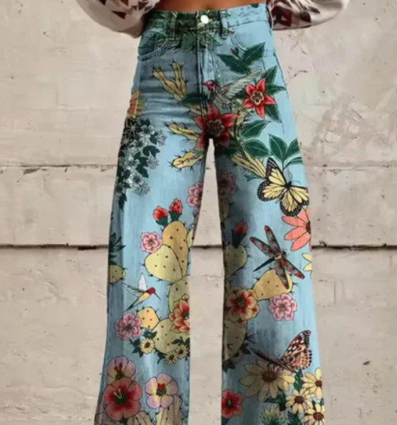 Printed Palazzo Trousers for Women with High Waist and Wide Legs