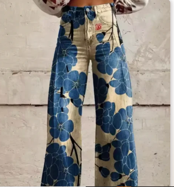 Printed Palazzo Trousers for Women with High Waist and Wide Legs