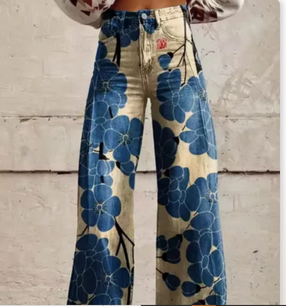 Printed Palazzo Trousers for Women with High Waist and Wide Legs
