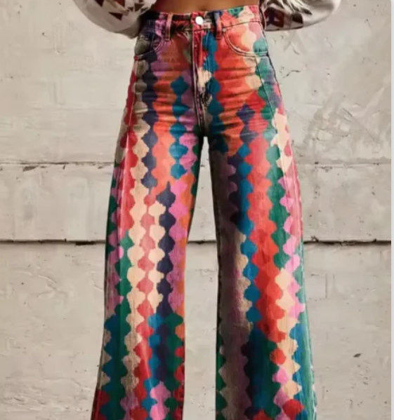 Printed Palazzo Trousers for Women with High Waist and Wide Legs