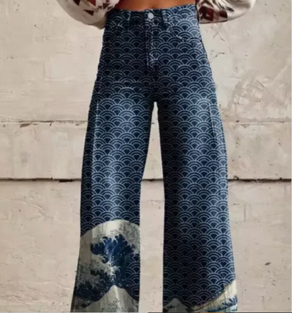 Printed Palazzo Trousers for Women with High Waist and Wide Legs