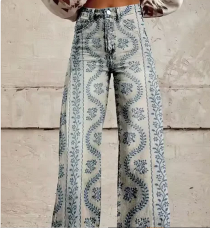 Printed Palazzo Trousers for Women with High Waist and Wide Legs