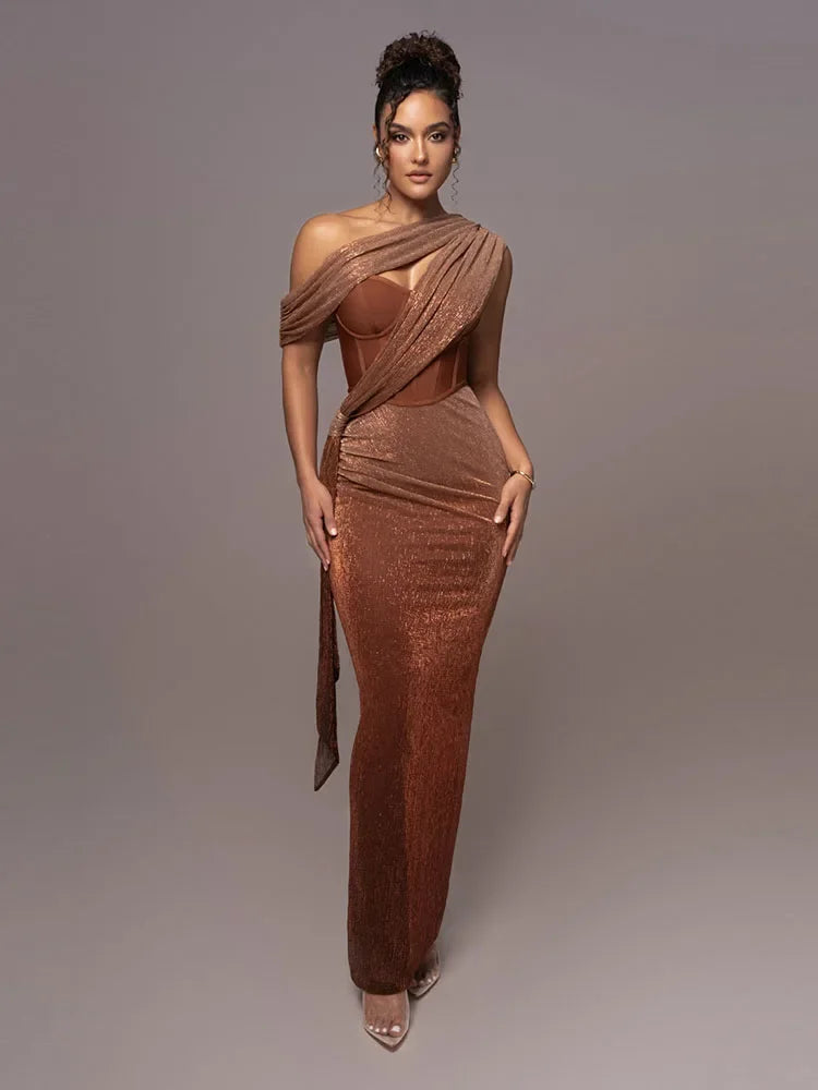 Shiny One-Shoulder Evening Dress with Split Long Evening Gown for Women