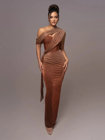 Shiny One-Shoulder Evening Dress with Split Long Evening Gown for Women