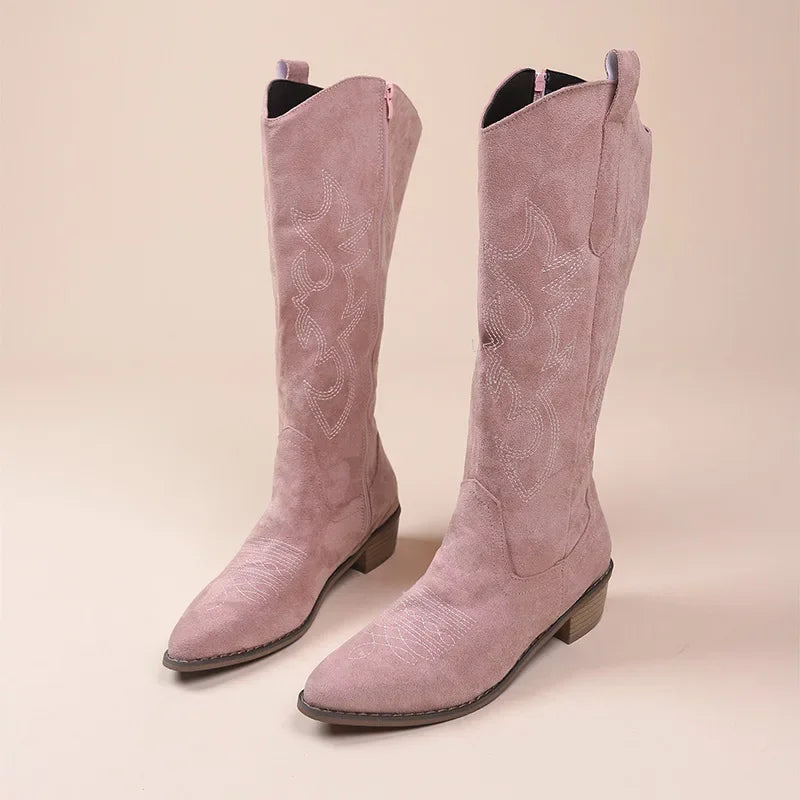 Embroidered Western Cowboy Boots with Low Heel for Women