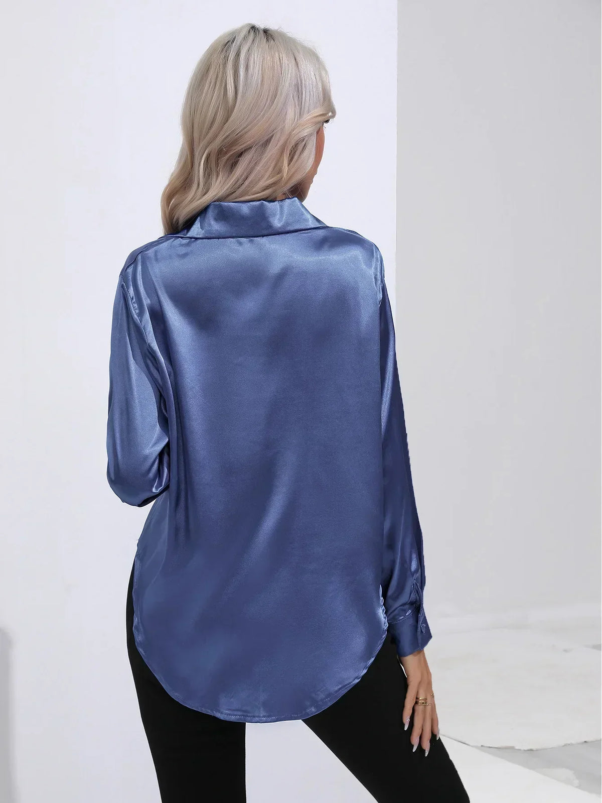 Ladies Luxe Satin Blouse with Collar and Curved Hem