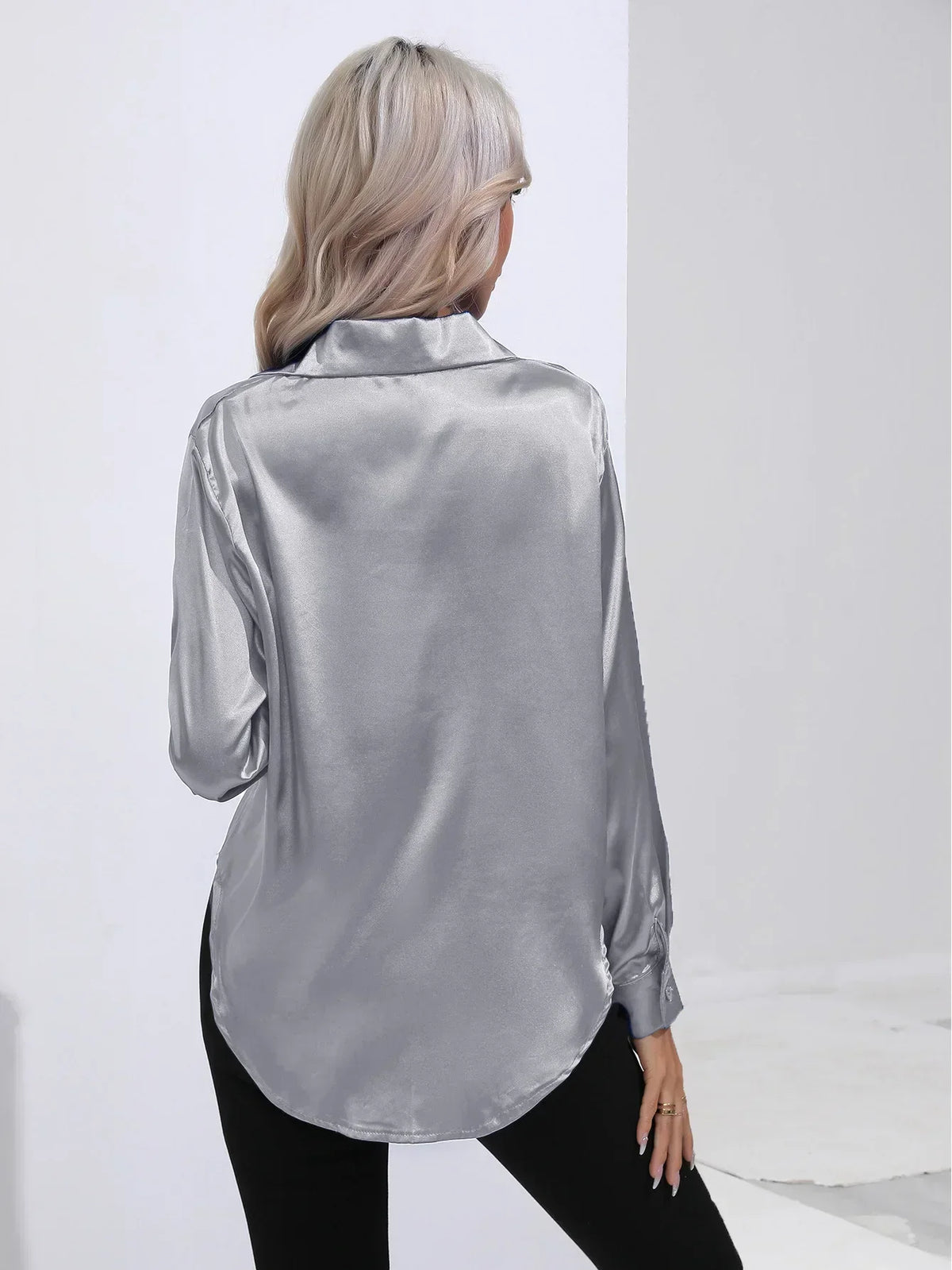 Ladies Luxe Satin Blouse with Collar and Curved Hem