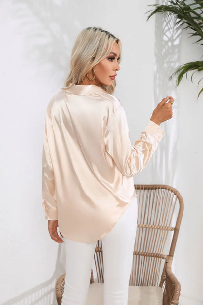 Ladies Luxe Satin Blouse with Collar and Curved Hem