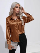 Ladies Luxe Satin Blouse with Collar and Curved Hem