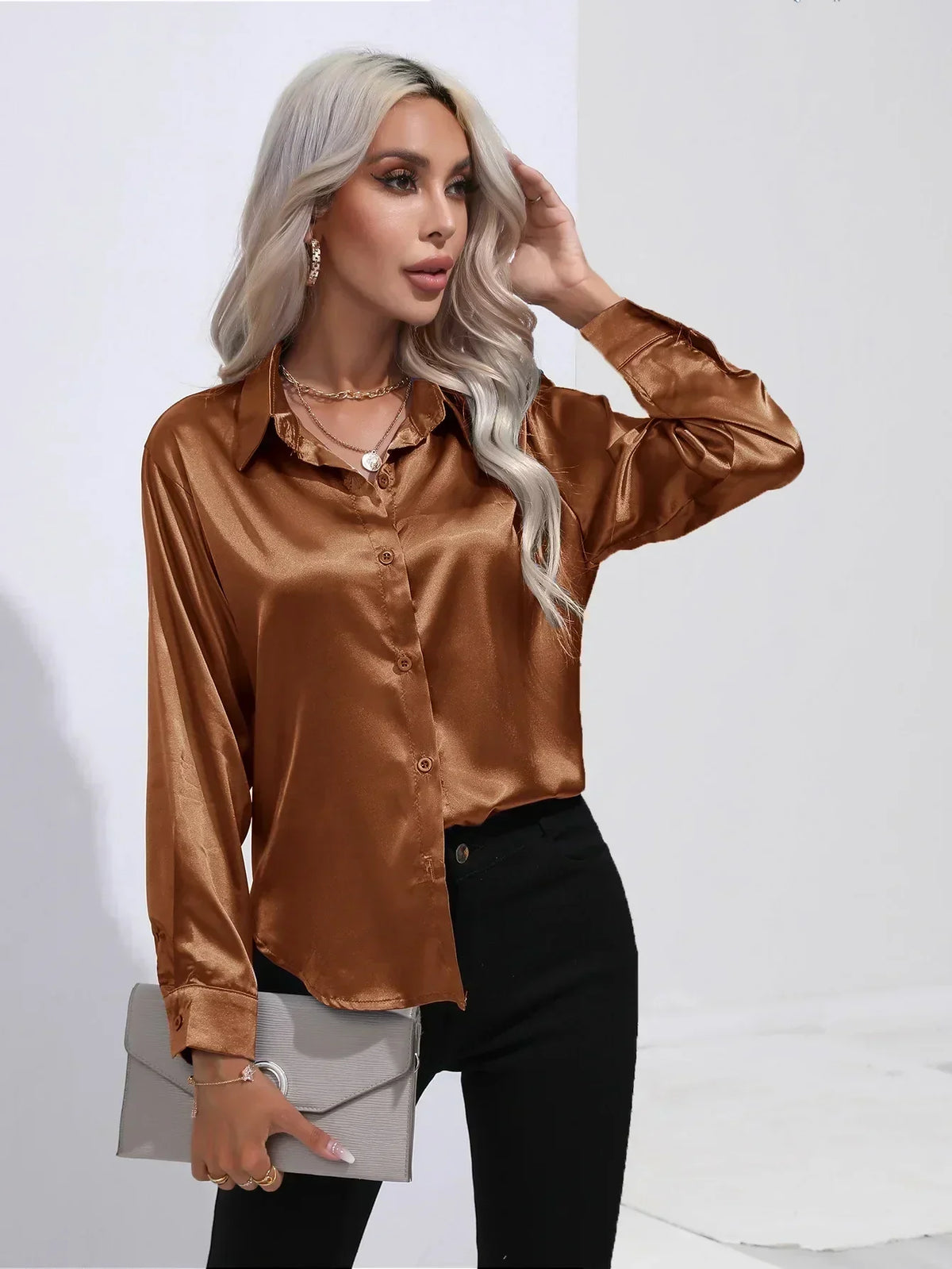 Ladies Luxe Satin Blouse with Collar and Curved Hem