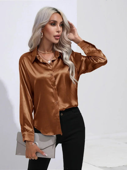 Ladies Luxe Satin Blouse with Collar and Curved Hem