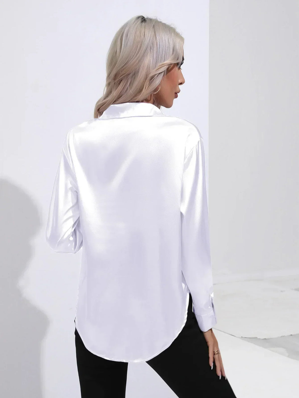 Ladies Luxe Satin Blouse with Collar and Curved Hem