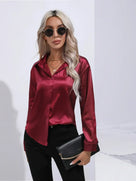 Ladies Luxe Satin Blouse with Collar and Curved Hem
