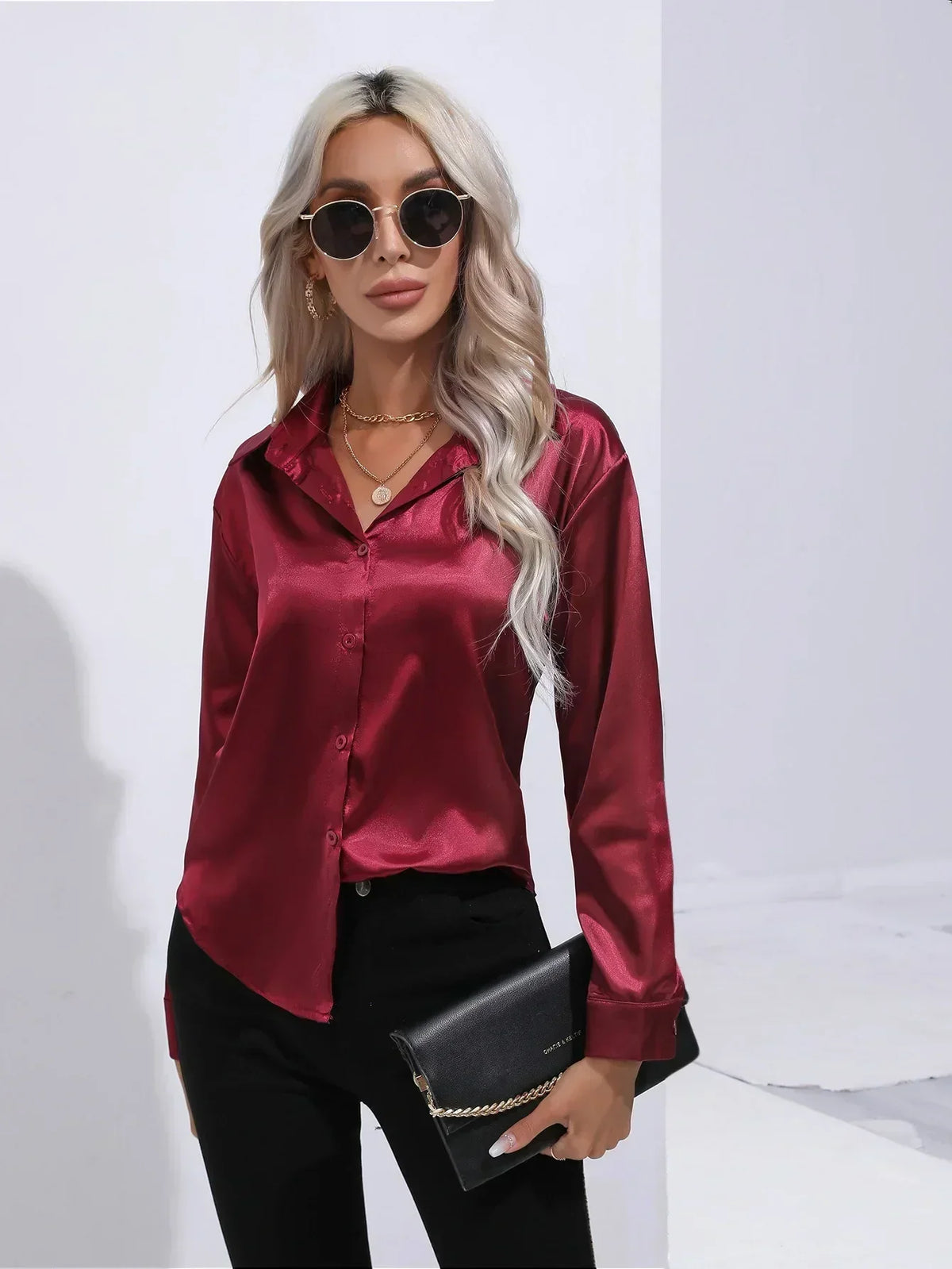 Ladies Luxe Satin Blouse with Collar and Curved Hem