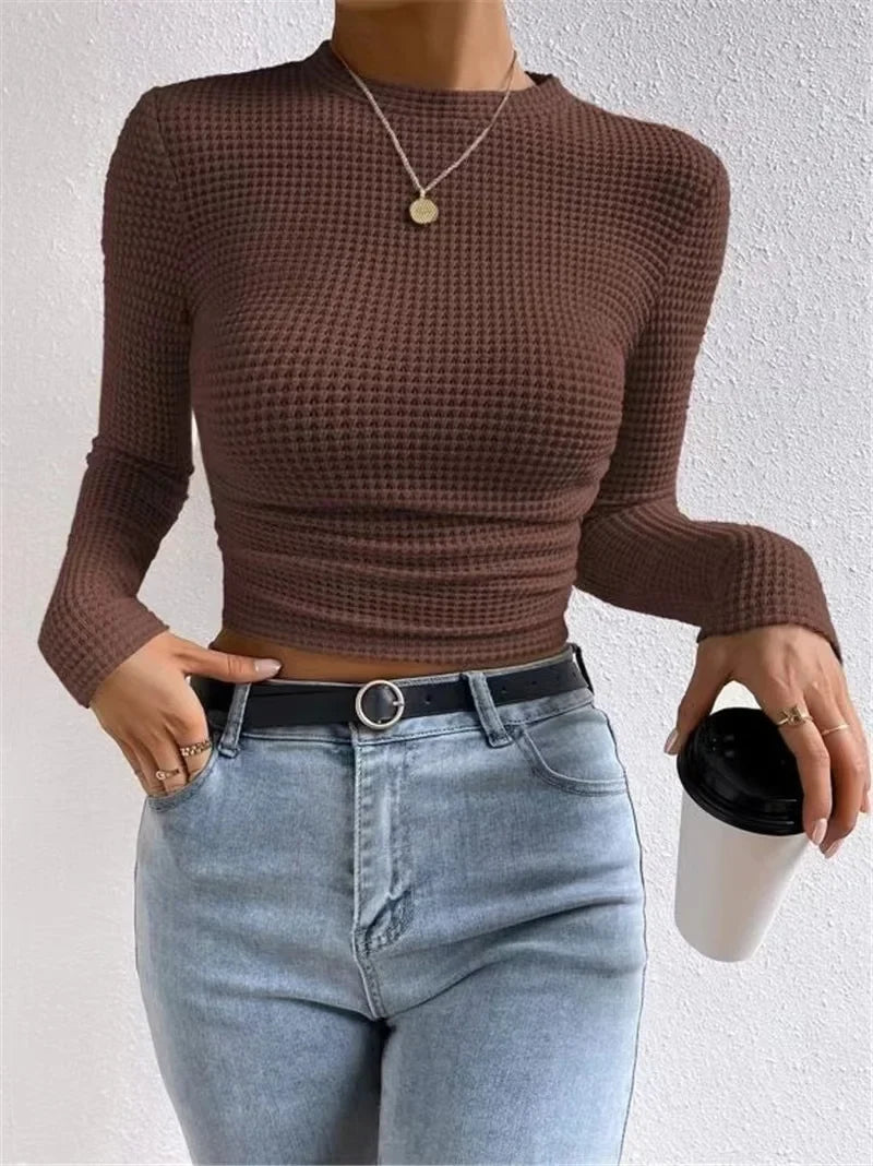 Fitted Crop Top with Long Sleeves and Texture