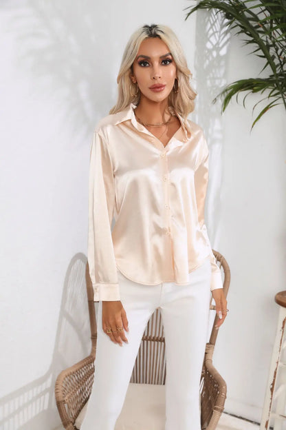 Ladies Luxe Satin Blouse with Collar and Curved Hem