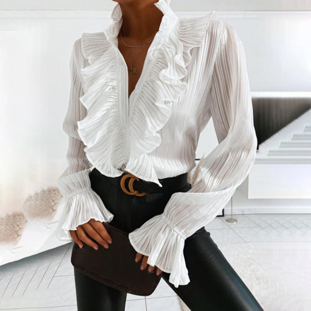 Elegante weiße Bluse mit Rüschen und langen Ärmeln für Damen