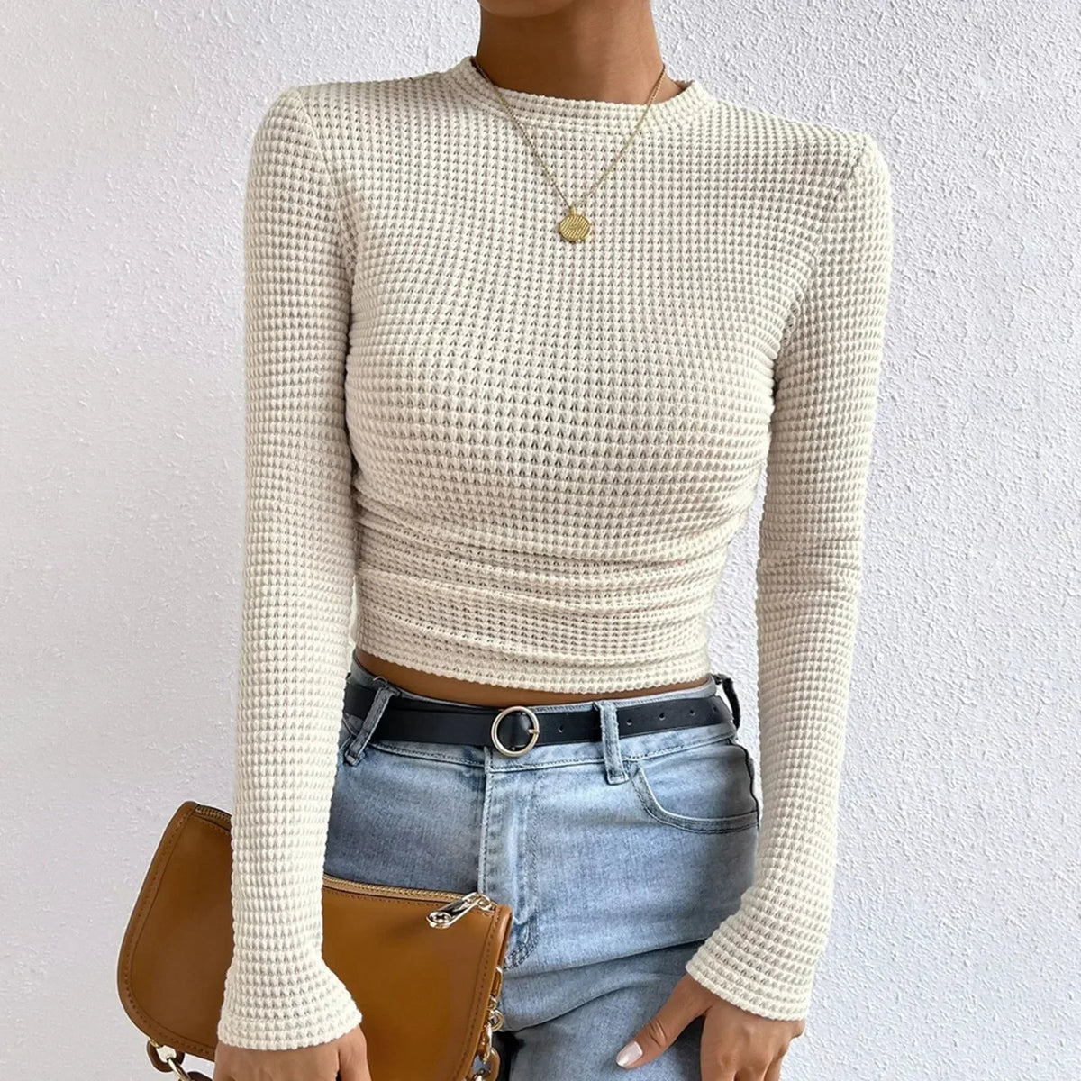 Fitted Crop Top with Long Sleeves and Texture