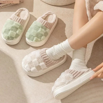 Warm Slippers with Check Pattern for Women