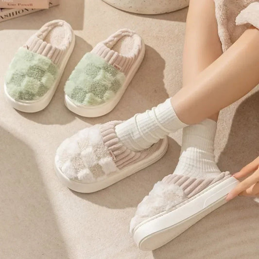 Warm Slippers with Check Pattern for Women
