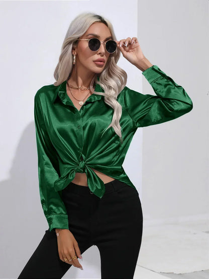 Ladies Luxe Satin Blouse with Collar and Curved Hem