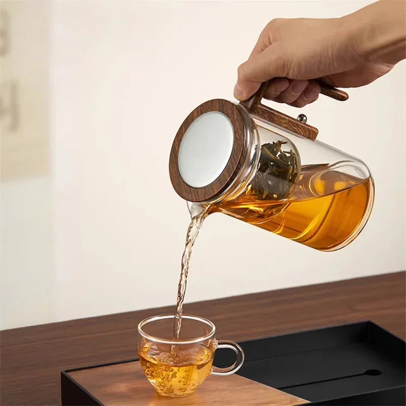Théière élégante en verre avec infuseur – Infusion raffinée et poignée en bois