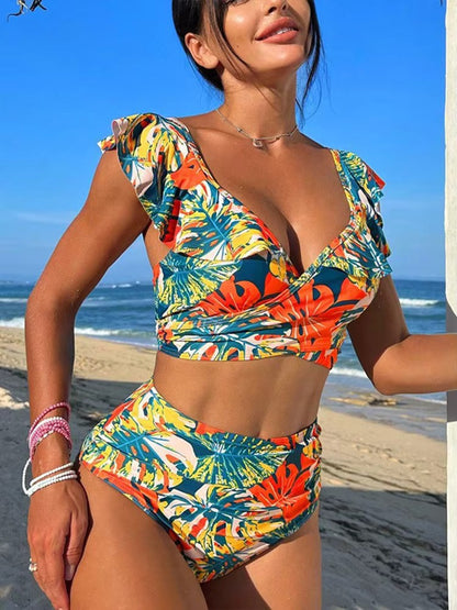 Set bikini a vita alta tropicale con stampa vivace